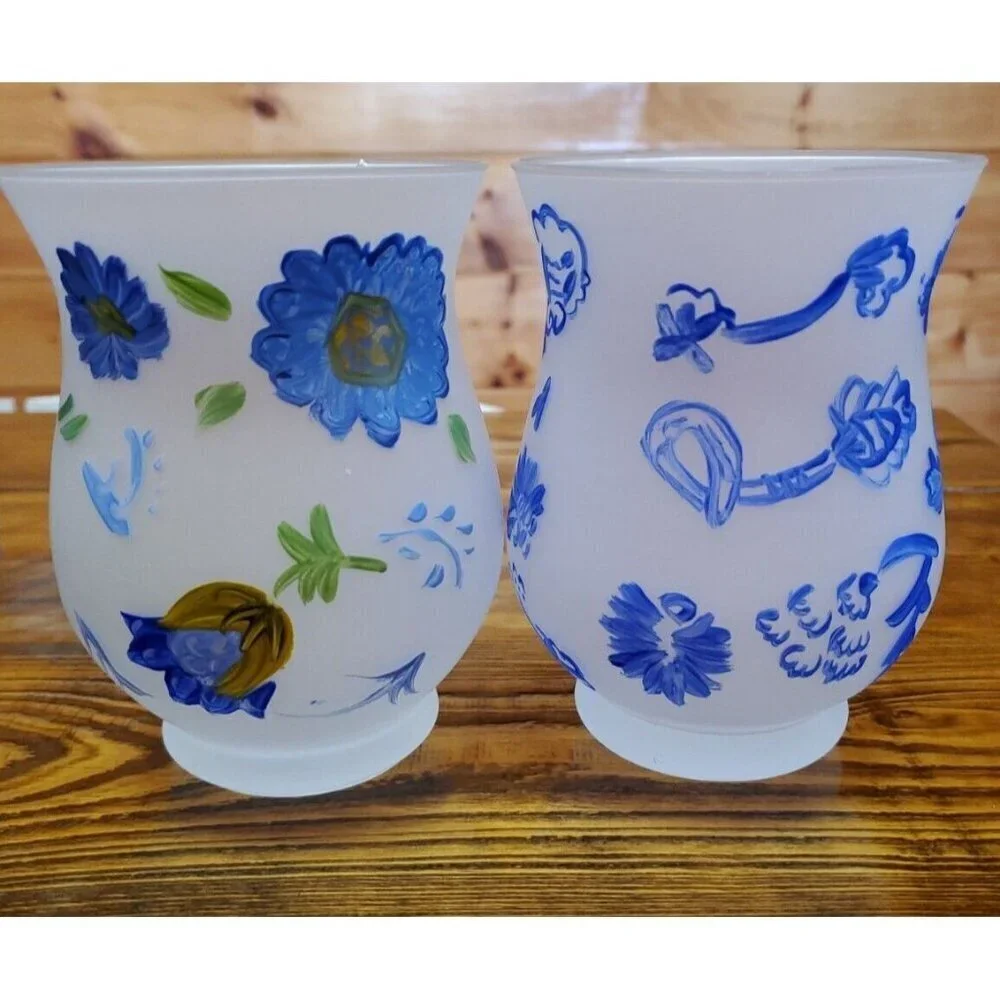Lot of 2 Hallmark Hurricane Candle Holders Set Votive Blue Yellow In box